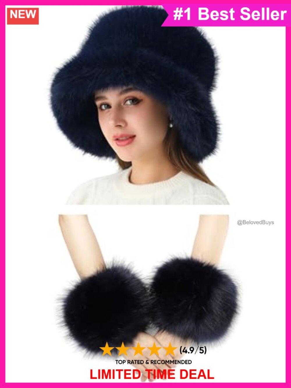 Faux Fur Bucket Hat and Wrist Cuffs 2pc Set Winter Accessories